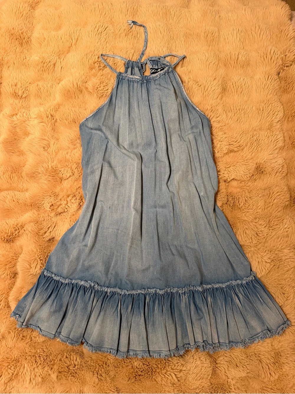 Light Blue Halter Mini Dress with Ruffle Hem